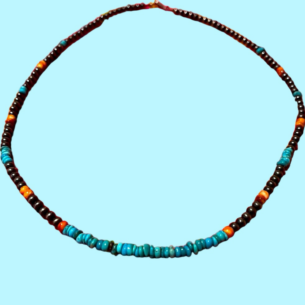 NWOT Native/Navajo Silver, Turquoise & Spiny Oyster Bead Necklace